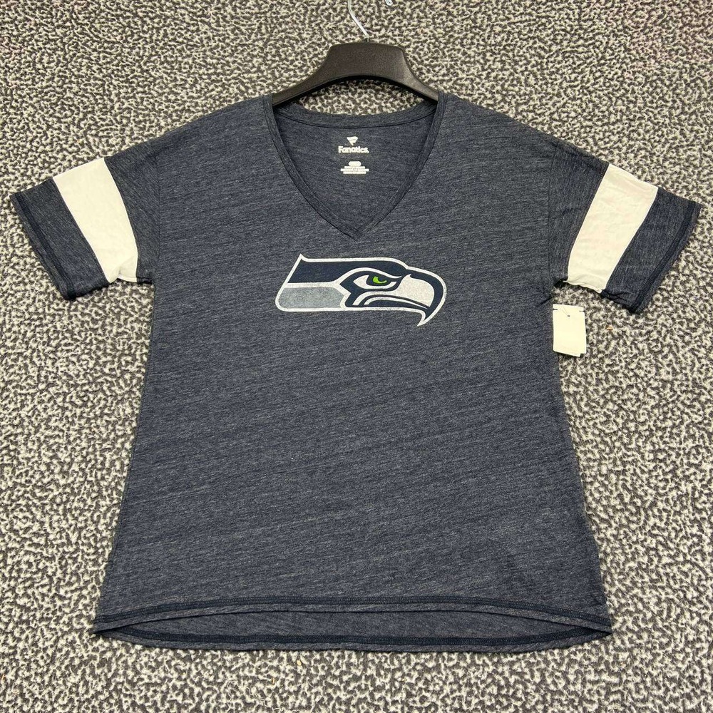 Seattle Seahawks Shirt Women Medium Gray Fanatics Short Sleeve V-Neck New M